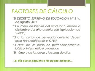 FACTORES DE CÁLCULO
*El DECRETO SUPREMO DE EDUCACIÓN N° 214,
de agosto 2001
*El número de bienios del profesor cumplido a
diciembre del año anterior (en liquidación de
sueldo).
*El o los cursos de perfeccionamiento deben
estar reconocidos en el CPEIP
*El Nivel de los curso de perfeccionamiento:
básico, intermedio y avanzado
*El número de los curso y la suma de ellos.
…El día que lo paguen se los puedo calcular…
 