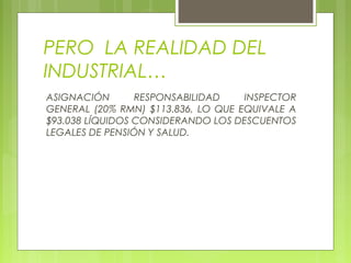 PERO LA REALIDAD DEL
INDUSTRIAL…
ASIGNACIÓN RESPONSABILIDAD INSPECTOR
GENERAL (20% RMN) $113.836, LO QUE EQUIVALE A
$93.038 LÍQUIDOS CONSIDERANDO LOS DESCUENTOS
LEGALES DE PENSIÓN Y SALUD.
 