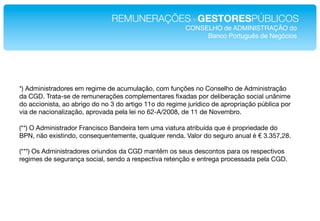 REMUNERAÇÕESdeGESTORESPÚBLICOS!
                                                       CONSELHO de ADMINISTRAÇÃO do!
                                                            Banco Português de Negócios!




*) Administradores em regime de acumulação, com funções no Conselho de Administração
da CGD. Trata-se de remunerações complementares ﬁxadas por deliberação social unânime
do accionista, ao abrigo do no 3 do artigo 11o do regime jurídico de apropriação pública por
via de nacionalização, aprovada pela lei no 62-A/2008, de 11 de Novembro.!
!
(**) O Administrador Francisco Bandeira tem uma viatura atribuída que é propriedade do
BPN, não existindo, consequentemente, qualquer renda. Valor do seguro anual é " 3.357,28.!
!
(***) Os Administradores oriundos da CGD mantêm os seus descontos para os respectivos
regimes de segurança social, sendo a respectiva retenção e entrega processada pela CGD.!
 
