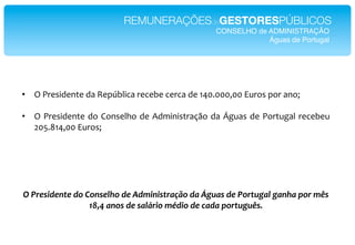 REMUNERAÇÕESdeGESTORESPÚBLICOS!
                                                    CONSELHO de ADMINISTRAÇÃO !
                                                                Águas de Portugal!




•  ?*"#$%&'$()$*'2*P$1[0I&/2*#$/$0$*/$#/2*'$*;456555755*,=#+%*1+#*2(+V*

•  ?* "#$%&'$()$* '+* J+(%$IK+* '$* .'A&(&%)#2LM+* '2* hH=2%* '$* "+#)=H2I* #$/$0$=**
   95G6F;4755*,=#+%V*
*
*
*

*
!"#$%&'(%)*%"(1"<1)&%7/1"(%"-(2')'&*$+CD1"(+"J.;+&"(%"#1$*;.+7".+)/+"01$"23&"
                 KL5M"+)1&"(%"&+78$'1"29('1"(%":+(+"01$*;.;3&B"
 