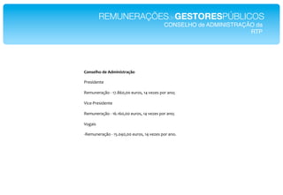 REMUNERAÇÕESdeGESTORESPÚBLICOS!
                                           CONSELHO de ADMINISTRAÇÃO da!
                                                                   RTP!




9.)&%1:."(%"4(5')'&*$0;<."
"
"#$%&'$()$     **
*
P$A=($#2LM+*E*;<6FC5755*$=#+%7*;4*]$a$%*1+#*2(+V**
*
D&/$E"#$%&'$()$**
*
P$A=($#2LM+*E*;C6;C5755*$=#+%7*;4*]$a$%*1+#*2(+V**
*
D+H2&%*
*
EP$A=($#2LM+*E*;G6545755*$=#+%7*;4*]$a$%*1+#*2(+6*
*
*
 