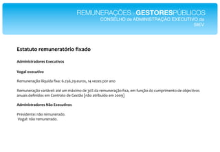 REMUNERAÇÕESdeGESTORESPÚBLICOS!
                                              CONSELHO de ADMINISTRAÇÃO EXECUTIVO da !
                                                                                SIEV!




=&*0*?*."$%5?)%$0*]$'."^>0(."
"
4(5')'&*$0(.$%&"=>%,?*'@.&""
*
+./01"%>%,?*'@."
"
P$A=($#2LM+*&Icd=&'2*gW2B*C69GC79:*$=#+%7*;4*]$a$%*1+#*2(+*
*
P$A=($#2LM+*]2#&`]$IB*2)S*=A*A`W&A+*'$*N5j*'2*#$A=($#2LM+*gW27*$A*Q=(LM+*'+*/=A1#&A$()+*'$*+0f$/)&]+%*
2(=2&%*'$g(&'+%*$A*J+()#2)+*'$*X$%)M+*t(M+*2)#&0=c'+*$A*955:u*
*
4(5')'&*$0(.$%&"B<."=>%,?*'@.&""
"
"#$%&'$()$B*(M+*#$A=($#2'+6*
*D+H2IB*(M+*#$A=($#2'+6*
*
 