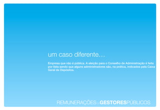 um caso diferente…!
!
Empresa que não é pública. A eleição para o Conselho de Administração é feita!
por lista sendo que alguns administradores são, na prática, indicados pela Caixa!
Geral de Depósitos. !




      REMUNERAÇÕESdeGESTORESPÚBLICOS!
 