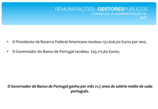 REMUNERAÇÕESdeGESTORESPÚBLICOS!
                                               CONSELHO de ADMINISTRAÇÃO do!
                                                                       BdP!




•  ?*"#$%&'$()$*'2*P$%$#]2*k$'$#2I*.A$#&/2(2*#$/$0$=*;N<6C9C755*,=#+%*1+#*2(+V*

•  ?*X+]$#(2'+#*'+*q2(/+*'$*"+#)=H2I*#$/$0$=**94N69;;7C5*,=#+%V*
*
*
*
*
*
*
!">1Y%$)+(1$"(1"Z+):1"(%"#1$*;.+7".+)/+"01$"23&"HK56"+)1&"(%"&+78$'1"29('1"(%":+(+"
                                   01$*;.;3&B"
 