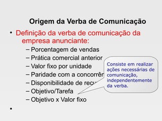 Origem da Verba de Comunicação
• Definição da verba de comunicação da
empresa anunciante:
– Porcentagem de vendas
– Prática comercial anterior
– Valor fixo por unidade
– Paridade com a concorrência
– Disponibilidade de recursos
– Objetivo/Tarefa
– Objetivo x Valor fixo
•
Consiste em realizar
ações necessárias de
comunicação,
independentemente
da verba.
 