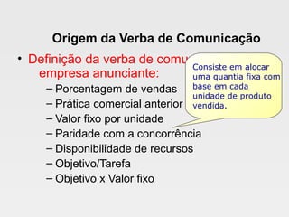 Origem da Verba de Comunicação
• Definição da verba de comunicação da
empresa anunciante:
– Porcentagem de vendas
– Prática comercial anterior
– Valor fixo por unidade
– Paridade com a concorrência
– Disponibilidade de recursos
– Objetivo/Tarefa
– Objetivo x Valor fixo
Consiste em alocar
uma quantia fixa com
base em cada
unidade de produto
vendida.
 