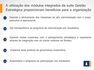BENEFÍCIOS
Permite a visualização Gráfica do Desempenho Individual
www.stratec.com.br| Tel:+55	
  31	
  3568	
  7260
 