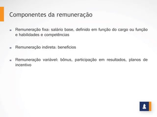 Insira seus
dados.
Componentes da Remuneração
Ø  Remuneração fixa: salário
base, definido em função do
c a r g o o u f u n ç ã o e
habilidades e competências
Ø  Remuneração indireta:
benefícios
Ø  Remuneração variável:
bônus, participação em
r e s u l t a d o s , p l a n o s d e
incentivo
CUSTO
APERFEIÇOAMENTO	
  DA	
  
ORGANIZAÇAO	
  
Impulsionador	
   de processos
de melhoria e aumento de
competitividade.	
  
Transformando a visão de remuneração
www.stratec.com.br| Tel:+55	
  31	
  3568	
  7260
 