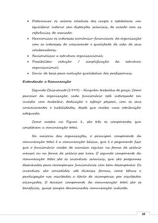 16
 Determinar os valores relativos dos cargos e estabelecer um
equilíbrio interno sem distorções salariais, de acordo com as
referências de mercado;
 Harmonizar os interesses económico-financeiros da organização
com os interesses de crescimento e qualidade de vida de seus
colaboradores;
 Racionalizar a estrutura organizacional;
 Possibilitar redução / simplificação da estrutura
organizacional;
 Servir de base para evolução qualitativa dos profissionais.
Entendendo a Remuneração
Segundo Chiavenato (1999) - Ninguém trabalha de graça. Como
parceiro da organização, cada funcionário está interessado em
investir com trabalho, dedicação e esforço pessoal, com os seus
conhecimentos e habilidades, desde que receba uma retribuição
adequada.
Como mostra na Figura 1, são três os componentes que
constituem a remuneração total.
Na maioria das organizações, o principal componente da
remuneração total é a remuneração básica, que é o pagamento fixo
que o funcionário recebe de maneira regular na forma de salário
mensal ou na forma de salário por hora. O segundo componente da
remuneração total são os incentivos salariais, que são programas
desenhados para recompensar funcionários com bom desempenho. Os
incentivos são concedidos sob diversas formas, como bônus e
participação nos resultados a título de recompensa por resultados
alcançados. O terceiro componente da remuneração total são os
benefícios, quase sempre denominados remuneração indireta.
 