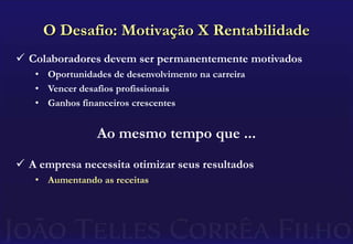 Ganhos financeiros crescentesO Desafio: Motivação X RentabilidadeColaboradores devem ser permanentemente motivados