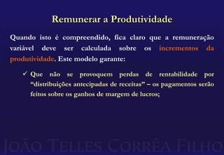 Remuneração: Uma Nova PropostaO gráfico que montamos mostra claramente que a meta a ser perseguida é aumentar as receitas em um ritmo superior ao aumento das despesas.$$$RESULTADO CRESCEAO LONGO DO TEMPOTempo