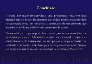 Remuneração: Uma Nova PropostaComo a maior parte das despesas das empresasestão vinculadas ao quadro de pessoal, é sobre ele que devem ser focados os esforços de aumento da produtividade.AINDA MAIS, É ESTE CRESCIMENTO DA PRODUTIVIDADE QUE DEVE SER INCENTIVADO E QUE MERECE SER REMUNERADO.É necessário, portanto, construir um novo modelo, que incentive e premie o esforço por maior produtividade.