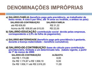 DENOMINAÇÕES IMPRÓPRIAS
a) SALÁRIO-FAMÍLIA (benefício pago pela previdência, ao trabalhador de
   baixa renda. A cota é por filho, até 14 anos ou inválido, a ambos os pais):
    SALÁRIO-DE-CONTRIBUIÇÃO           SALÁRIO-FAMÍLIA
    até R$ 608,80                     R$ 31,22
    Acima de R$ 608,80 até 915,05     R$ 22,00
b) SALÁRIO-EDUCAÇÃO (contribuição social devida pelas empresas,
  correspondente a 2,5% da folha de pagamento);

c) SALÁRIO-MATERNIDADE (benefício pago pela previdência à gestante,
   durante a licença maternidade – benefício cumulativo);

d) SALÁRIO-DE-CONTRIBUIÇÃO (base de cálculo para contribuição
  previdenciária, limitada a um determinado teto. (tabela vigente, a partir
  de 1º de março de 2008:
     SALÁRIO-DE-CONTRIBUIÇÃO               ALÍQUOTA
     Até R$ 1.174,86                           8,00
     De R$ 1.174,87 a R$ 1.958,10              9,00
     De R$ 1.958,11 até R$ 3.916,20           11,00
 
