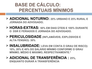 BASE DE CÁLCULO:
      PERCENTUAIS MÍNIMOS
 ADICIONAL NOTURNO:         20% URBANO E 25% RURAL E
  JORNADA DO ADVOGADO;

 HORAS-EXTRAS:        50% EM DIAS ÚTEIS E 100% DURANTE
  O DSR E FERIADOS E JORNADA DO ADVOGADO.

 PERICULOSIDADE (INFLAMÁVEIS, EXPLOSIVOS E
  ALTA-TENSÃO): 30%

 INSALUBRIDADE: LEVA EM CONTA O GRAU DE RISCO):
  10%, 20% E 40% DO SALÁRIO MÍNIMO CONFORME O GRAU
  MÍNIMO, MÉDIO E MÁXIMO, RESPECTIVAMENTE.*

 ADICIONAL DE TRANSFERÊNCIA :            25%,
  ENQUANTO DURAR A TRANSFERÊNCIA
 