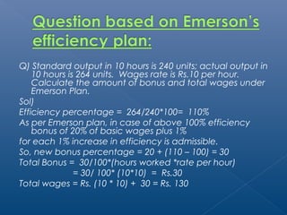 Q) Standard output in 10 hours is 240 units; actual output in 
10 hours is 264 units. Wages rate is Rs.10 per hour. 
Calculate the amount of bonus and total wages under 
Emerson Plan. 
Sol) 
Efficiency percentage = 264/240*100= 110% 
As per Emerson plan, in case of above 100% efficiency 
bonus of 20% of basic wages plus 1% 
for each 1% increase in efficiency is admissible. 
So, new bonus percentage = 20 + (110 – 100) = 30 
Total Bonus = 30/100*(hours worked *rate per hour) 
= 30/ 100* (10*10) = Rs.30 
Total wages = Rs. (10 * 10) + 30 = Rs. 130 
 