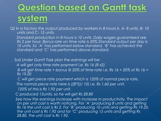 Q) In a factory the output produced by workers in 8 hours is A- 8 units, B- 10 
units and C- 15 units. 
Standard production in 8 hours is 10 units. Daily wages guaranteed are 
Rs 2 per hour. Bonus rate on time rate is 20%.Standard output per day is 
10 units. So ‘A’ has performed below standard, ‘B’ has achieved the 
standard and ‘C’ has performed above standard. 
Sol) Under Gantt Task plan the earnings will be: 
A will get only time rate payment i.e. Rs 16 (8 x2) 
B will get time rate + bonus @ 20% of time rate i.e. Rs 16 + 20% of Rs 16 = 
Rs 19.20 
C will get piece rate payment which is 120% of normal piece rate. 
The normal piece rate here is ((8*2)/ 10) i.e. Rs 1.60 per unit. 
120% of this is Rs 1.92 per unit. 
C produced 15units, so he will get Rs 28.80 
See how the earnings increase with increase in productivity. The impact 
on per unit cost is worth noticing. For ‘A’ producing 8 units and getting 
Rs 16 the unit cost is Rs 2. For ‘B’ producing 10 units and getting Rs 19.20, 
the unit cost is Rs 1.92 and for ‘C’ producing 15 units and getting Rs 
28.80, the unit cost is Rs 1.92. 
 
