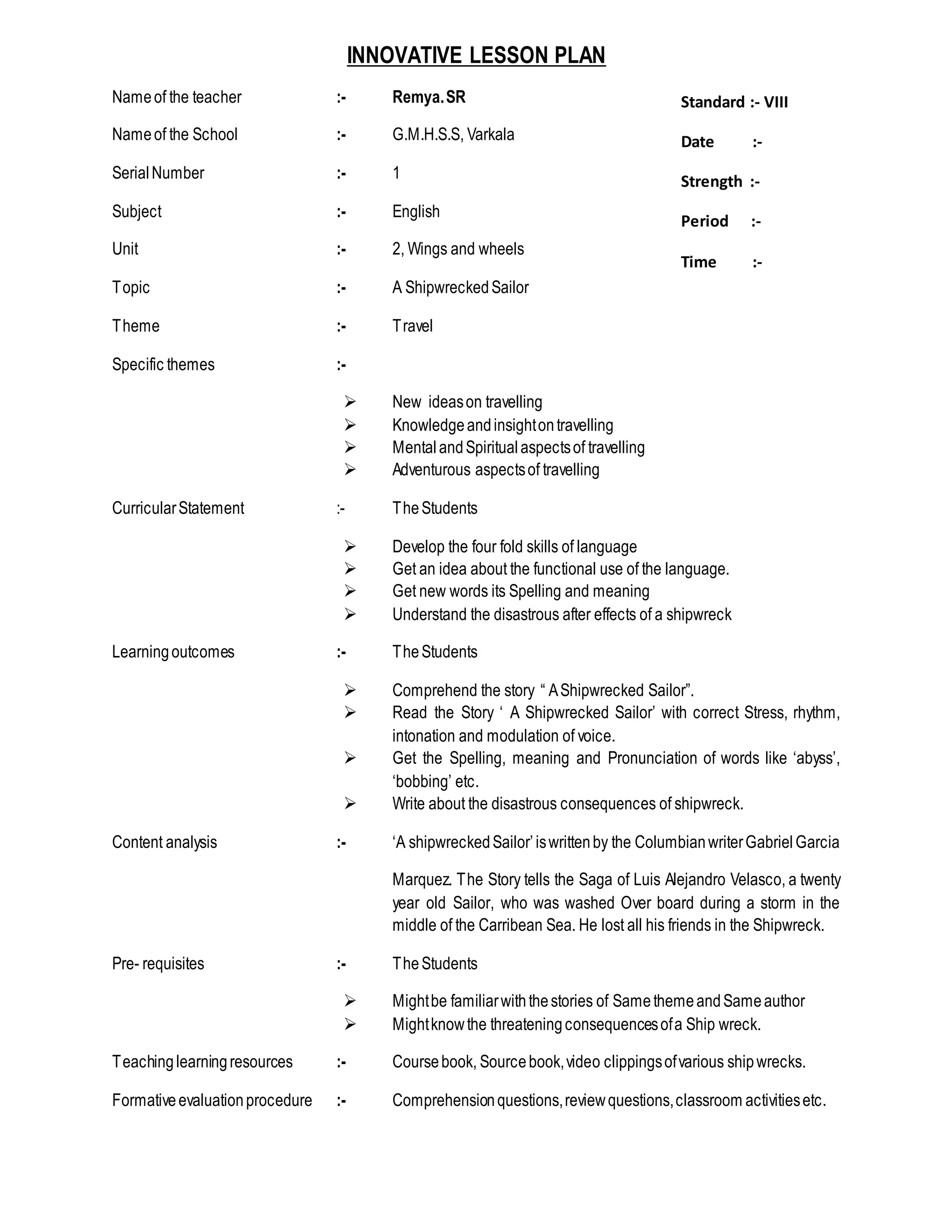 INNOVATIVE LESSON PLAN A Shipwrecked Sailor DOCX