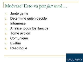 Muévase! Esto va por fast track…
1.   Junte gente
2.   Determine quién decide
3.   Infórmese
4.   Analice todos los flancos
5.   Tome acción
6.   Comunique
7.   Evalúe
8.   Reenfoque
 