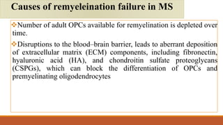 Number of adult OPCs available for remyelination is depleted over
time.
Disruptions to the blood–brain barrier, leads to aberrant deposition
of extracellular matrix (ECM) components, including fibronectin,
hyaluronic acid (HA), and chondroitin sulfate proteoglycans
(CSPGs), which can block the differentiation of OPCs and
premyelinating oligodendrocytes
Causes of remyeleination failure in MS
 