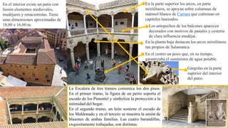 gola en el patio
La Escalera de tres tramos comunica los dos pisos.
En el primer tramo, la figura de un perro soporta el
escudo de los Pimentel y simboliza la protección a la
intimidad del hogar.
En el segundo tramo, un león sostiene el escudo de
los Maldonado y en el tercero se muestra la unión de
blasones de ambas familias. Las cuatro barandillas,
exquisitamente trabajadas, son distintas.
En el interior existe un patio con
fusión elementos medievales,
mudéjares y renacentistas. Tiene
unas dimensiones aproximadas de
18,80 x 16,80 m.
En la planta baja destacan los arcos mixtilíneos
tan propios de Salamanca.
En la parte superior los arcos, en parte
mixtilíneos, se apoyan sobre columnas de
mármol blanco de Carrara que culminan en
capiteles laureados.
Los antepechos de los balcones aparecen
decorados con motivos de panales y cestería
de clara influencia mudéjar.
En el centro un pozo que, en su tiempo,
garantizaba el suministro de agua potable.
Gárgolas en la parte
superior del interior
del patio.
 