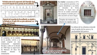 Fachada antes de la expansión del Ospedale degli
Innocenti después de la partida de Brunelleschi.
Después de la partida de Brunelleschi, se añadió a
la fachada en el siglo XIX un piso adicional, un
ático, a la fachada.
El complejo, en la medida
de lo posible, volvió a su
estado original en una
restauración importante
llevada a cabo en la década
de 1960 bajo la supervisión
de Morozzi. El ático fue
retirado durante la
restauración.
La ruota se encuentra en el lado
izquierdo de la logia
La ruota: construida en 1875,
la mesa giratoria permitía a las
mujeres abandonar a sus bebes
no deseados de forma
anónima, la mujer tuvo que
tirar de un cordón conectado a
una campana, la piedra giro y el
niño encontró un nuevo hogar.
Empleo de tirantes de
hierro en cúpula vaída
La altura de la columna coincide
con el ancho de los arcos y la
profundidad del portico
 