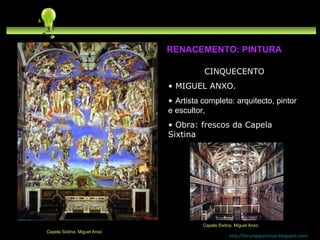 CINQUECENTO MIGUEL ANXO. Artista completo: arquitecto, pintor e escultor, Obra: frescos da Capela Sixtina http://forumgigurrorum.blogspot.com/   Capela Sixtina. Miguel Anxo RENACEMENTO: PINTURA Capela Sixtina. Miguel Anxo 