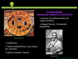 Avance no coñecemento do corpo humano  Miguel Servet. Circulación sanguínea http://forumgigurrorum.blogspot.com/   Teoría heliocéntrica Copérnico.  Teoría heliocéntrica. Sol centro do universo Igrexa rexeita a teoría Miguel Servet O HUMANISMO: DESENVOLVEMENTO CIENTÍFICO 