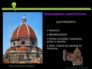 QUATTROCENTO Florencia BRUNELLESCHI Artista completo: arquitecto, pintor e escultor Obra: Cúpula da catedral de Florencia. http://forumgigurrorum.blogspot.com/   Cúpula da catedral de Florencia. Brunelleschi RENACEMENTO: ARQUITECTURA 