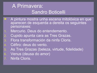 A Primavera:
Sandro Boticelli
► A pintura mostra unha escena mitolóxica en que
aparecen de esquerda a dereita os seguintes
personaxes:
1. Mercurio. Deus do entendemento.
2. Cupido apunta cara as Tres Grazas.
3. Flora transformación da ninfa Cloris.
4. Céfiro: deus do vento.
5. As Tres Grazas (beleza, virtude, fidelidade)
6. Venus (deusa do amor)
7. Ninfa Cloris.
 