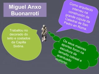 Miguel Anxo
Buonarroti
Os seus maiores
aportes foron na
escultura de
tamaño colosal e
acentuadorealismo.
Traballou no
decorado do
teito e costados
da Capilla
Sixtina.
Como arquitectointerveu naconstrución da
grande cúpula da
Catedral de San
Pedro en Roma.
 