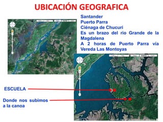 UBICACIÓN GEOGRAFICASantanderPuerto ParraCiénaga de ChucuriEs un brazo del rio Grande de la MagdalenaA 2 horas de Puerto Parra vía Vereda Las MontoyasESCUELADonde nos subimos a la canoa