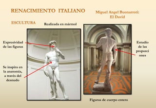 Estudio
de las
proporci
ones
Se inspira en
la anatomía,
a través del
desnudo
Realizada en mármol
Figuras de cuerpo entero
Expresividad
de las figuras