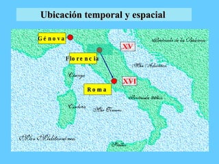 XVI
XV
R o m a
R o m a
G é n o v a
F lo r e n c ia
F lo r e n c ia
Ubicación temporal y espacial
Ubicación temporal y espacial
 