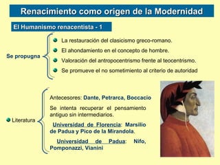 El Humanismo renacentista - 1 Renacimiento como origen de la Modernidad Se propugna La restauración del clasicismo greco-romano. El ahondamiento en el concepto de hombre. Valoración del antropocentrismo frente al teocentrismo. Se promueve el no sometimiento al criterio de autoridad Literatura Antecesores:  Dante, Petrarca, Boccacio Se intenta recuperar el pensamiento antiguo sin intermediarios. Universidad de Florencia :  Marsilio de Padua y Pico de la Mirandola . Universidad de Padua :  Nifo, Pomponazzi, Vianini 