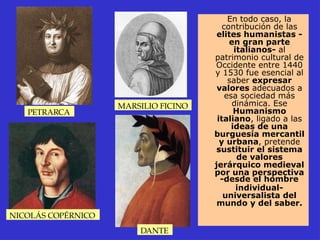 En todo caso, la
contribución de las
elites humanistas -
en gran parte
italianos- al
patrimonio cultural de
Occidente entre 1440
y 1530 fue esencial al
saber expresar
valores adecuados a
esa sociedad más
dinámica. Ese
Humanismo
italiano, ligado a las
ideas de una
burguesía mercantil
y urbana, pretende
sustituir el sistema
de valores
jerárquico medieval
por una perspectiva
-desde el hombre
individual-
universalista del
mundo y del saber.
PETRARCA
MARSILIO FICINO
NICOLÁS COPÉRNICO
DANTE
 