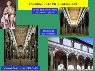 LA OBRA DE FILIPPO BRUNELLESCHI
Iglesia de San Lorenzo (1440-1445)
Iglesia del Santo Espíritu
de Florencia (1420)
Hospital de
los Inocentes
 