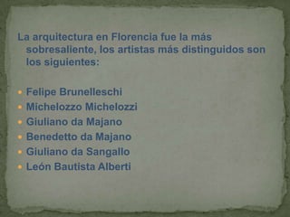 La arquitectura en Florencia fue la más
 sobresaliente, los artistas más distinguidos son
 los siguientes:

 Felipe Brunelleschi
 Michelozzo Michelozzi
 Giuliano da Majano
 Benedetto da Majano
 Giuliano da Sangallo
 León Bautista Alberti
 