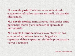 •La novela pastoril relata enamoramientos de
elegantes y refinados pastores en medio de paisajes
idealizados.
•La novela morisca narra amores idealizados entre
personajes moros y cristianos en la época de la
Reconquista.
•La novela bizantina narra las aventuras de dos
enamorados, quienes, tras ser obligados a
separarse, deben superar un sinfín de pruebas para
volver a reunirse.


                                       Novela renacentista
 