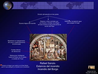 Rafael Sanzio.
Estancia del incendio
Incendio del Borgo
Alusión al milagro que realizó en la Edad Media
León IV que extinguió un incendio con su bendición
Referencias mitológicas:
huida de Eneas con su padre
a cuestas de Troya
División del episodio en tres partes
Manierismo en alargamiento
del canon y apelmazamiento
de personajes
Escena trágica del incendio
Habitantes recogiendo agua
para apagar el fuego
Mujeres y niños centrales que
con brazos y miradas nos dirigen
al fondo donde se está produciendo la
acción del Papa
Fuertes efectos
de claroscuros
Historia del Arte
Rosa Mª Vilá Blasco
 