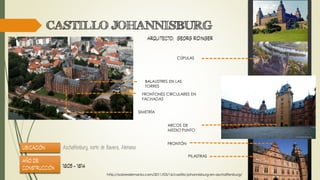 CASTILLO JOHANNISBURG
Aschaffenburg, norte de Baviera, Alemania
http://sobrealemania.com/2011/03/16/castillo-johannisburg-en-aschaffenburg/
BALAUSTRES EN LAS
TORRES
PILASTRAS
FRONTONES CIRCULARES EN
FACHADAS
FRONTÓN
ARCOS DE
MEDIO PUNTO
CÚPULAS
SIMETRÍA
 