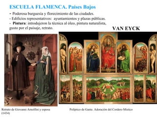 ESCUELA FLAMENCA. Países Bajos -  Poderosa burguesía y florecimiento de las ciudades. - Edificios representativos:  ayuntamientos y plazas públicas. -  Pintura : introdujeron la técnica al óleo, pintura naturalista, gusto por el paisaje, retrato. VAN EYCK Retrato de Giovanni Arnolfini y esposa (1434) Políptico de Gante. Adoración del Cordero Místico 