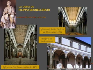 LA OBRA DE
FILIPPO BRUNELLESCHI
Iglesia de San Lorenzo (1440-1445)
Iglesia del Santo Espíritu
de Florencia (1420)
Hospital de
los Inocentes
 