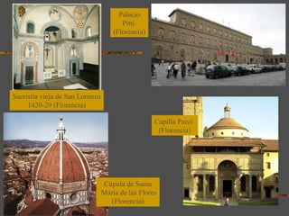 Sacristía vieja de San Lorenzo
1420-29 (Florencia)
Palacio
Pitti
(Florencia)
Capilla Pazzi
(Florencia)
Cúpula de Santa
Mar...