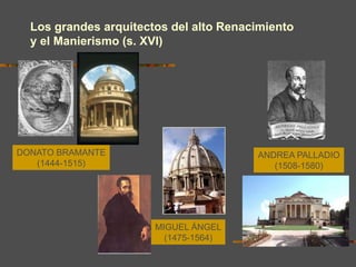 Los grandes arquitectos del alto Renacimiento
y el Manierismo (s. XVI)
DONATO BRAMANTE
(1444-1515)
MIGUEL ÁNGEL
(1475-1564)
ANDREA PALLADIO
(1508-1580)
 