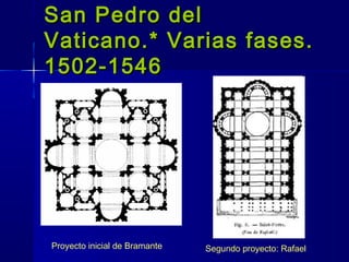 San Pedro delSan Pedro del
Vaticano.* Varias fases.Vaticano.* Varias fases.
1502-15461502-1546
Proyecto inicial de Bramante Segundo proyecto: Rafael
 