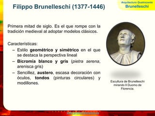 www.profesorfrancisco.es
Filippo Brunelleschi (1377-1446)
Primera mitad de siglo. Es el que rompe con la
tradición medieval al adoptar modelos clásicos.
Características:
– Estilo geométrico y simétrico en el que
se destaca la perspectiva lineal
– Bicromía blanco y gris (pietra serena,
arenisca gris)
– Sencillez, austero, escasa decoración con
óculos, tondos (pinturas circulares) y
modillones.
Arquitectura Quatrocento
Brunelleschi
Escultura de Brunelleschi
mirando Il Duomo de
Florencia.
 