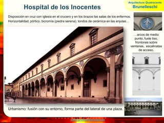 www.profesorfrancisco.es
Hospital de los Inocentes
Disposición en cruz con iglesia en el crucero y en los brazos las salas de los enfermos.
Horizontalidad, pórtico, bicromía (piedra serena), tondos de cerámica en las enjutas…
Urbanismo: fusión con su entorno, forma parte del lateral de una plaza.
Arquitectura Quatrocento
Brunelleschi
…arcos de medio
punto, fuste liso,
frontones sobre
ventanas, escalinatas
de acceso.
 
