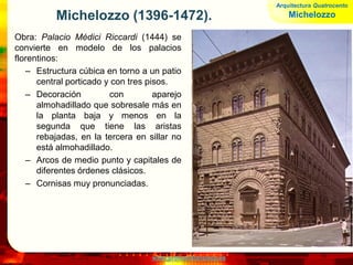 www.profesorfrancisco.es
Michelozzo (1396-1472).
Obra: Palacio Médici Riccardi (1444) se
convierte en modelo de los palacios
florentinos:
– Estructura cúbica en torno a un patio
central porticado y con tres pisos.
– Decoración con aparejo
almohadillado que sobresale más en
la planta baja y menos en la
segunda que tiene las aristas
rebajadas, en la tercera en sillar no
está almohadillado.
– Arcos de medio punto y capitales de
diferentes órdenes clásicos.
– Cornisas muy pronunciadas.
Arquitectura Quatrocento
Michelozzo
 