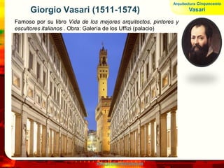 www.profesorfrancisco.es
Andrea Palladio (1508-80).
Realiza obras religiosas en Venecia y palacios
aristocráticos en los alrededores (Veneto)
- Teórico de la arquitectura: Los Cuatro Libros de la
Arquitectura 1570
- Modelo de villa/palacio señorial campestre. Gran
influencia en la arquitectura anglosajona del siglo
XVIII-XIX: el palladianismo.
Arquitectura Cinquecento
Palladio
 