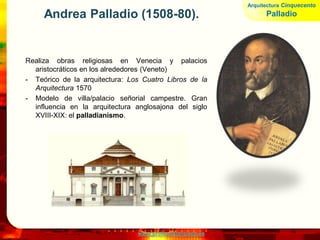 www.profesorfrancisco.es
Geometría: bloque cúbico, planta centralizada.
Arquitectura Cinquecento
Palladio
 